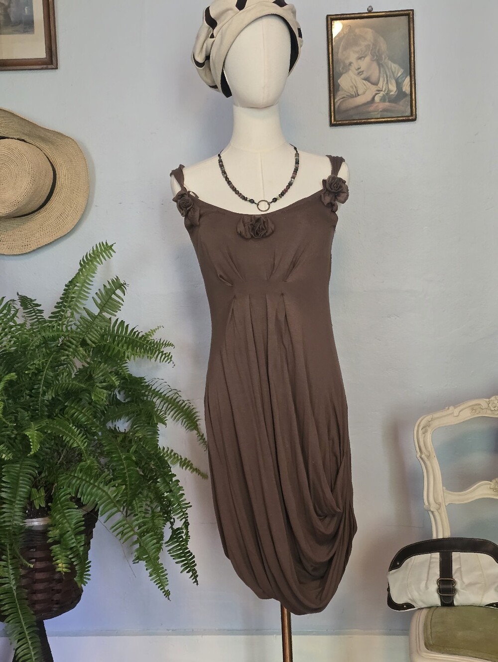 Peruvian Connection Draped Roll Hem Rosette Midi Sleeveless Dress